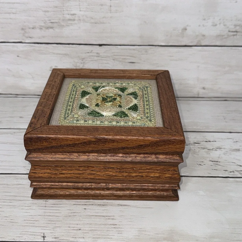 Vtg Needlepoint Wooden Jewelry Box 70s Boho Green Gold Keepsake Trincket Box